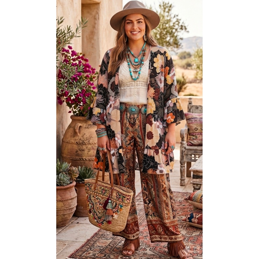 Easel Floral Open Front Kimono Cardigan Ruffle Bell Sleeve Boho Multi Color